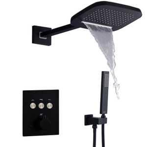 Thermostatic Matte Black Shower System Waterfall And Rain Shower Head All Functions Can Be Work Together