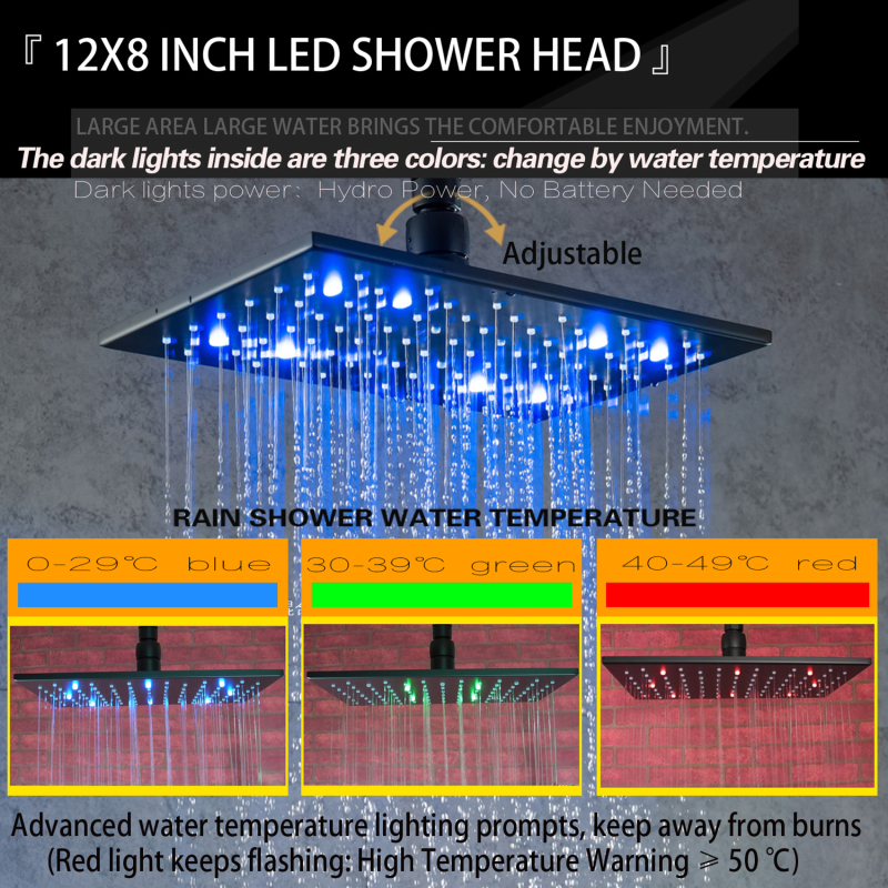 Matte Black Shower Faucet Set Ceiling Mounted 28X18 CM LED Thermostat Shower Rain Shower Head With Handheld