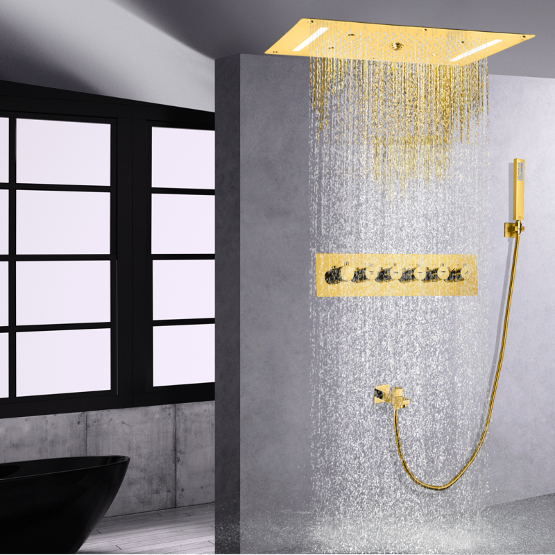 Gold Polished Large Flow Thermostatic Shower Faucet Overhead Bubble Waterfall Shower Combination Set