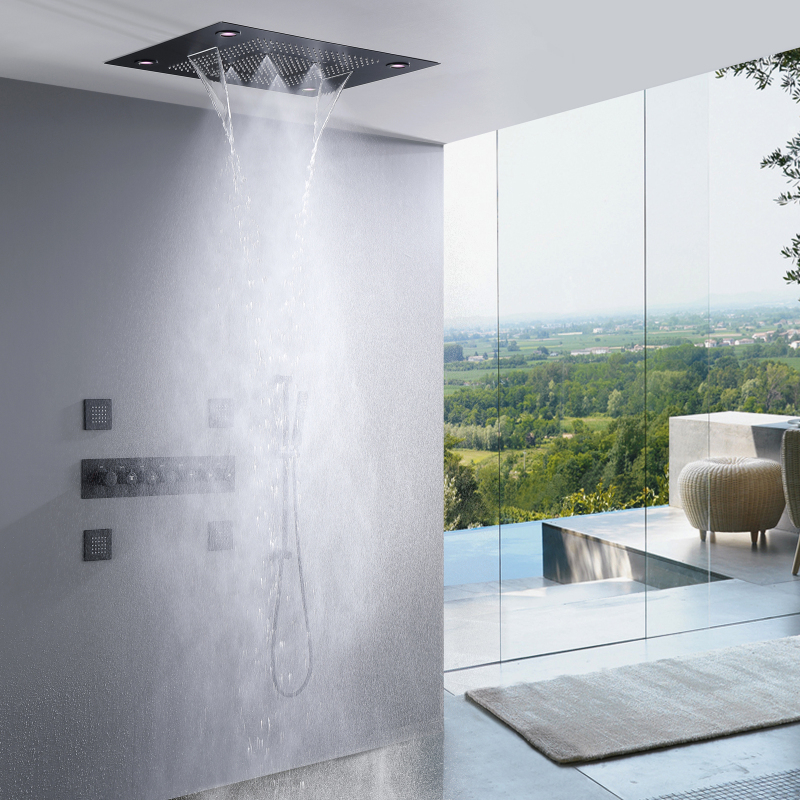 Luxury Thermostatic Black Concealed Rain LED Shower Head With Handheld Spray Jets Waterfall