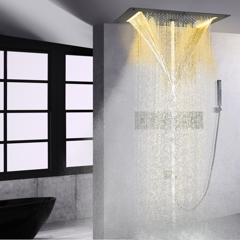 Matte Black Thermostatic Bathtub Shower Faucet Set Ceiling Bath Waterfall Spray Bubble Rain LED Shower Head With Handheld