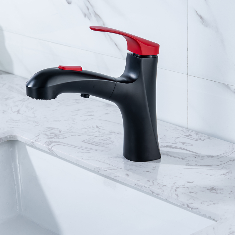 Matte Black Bathroom Faucet Red Handle Basin Mixer Full Out Double Water Functions Head Contemporary Sink Mixer
