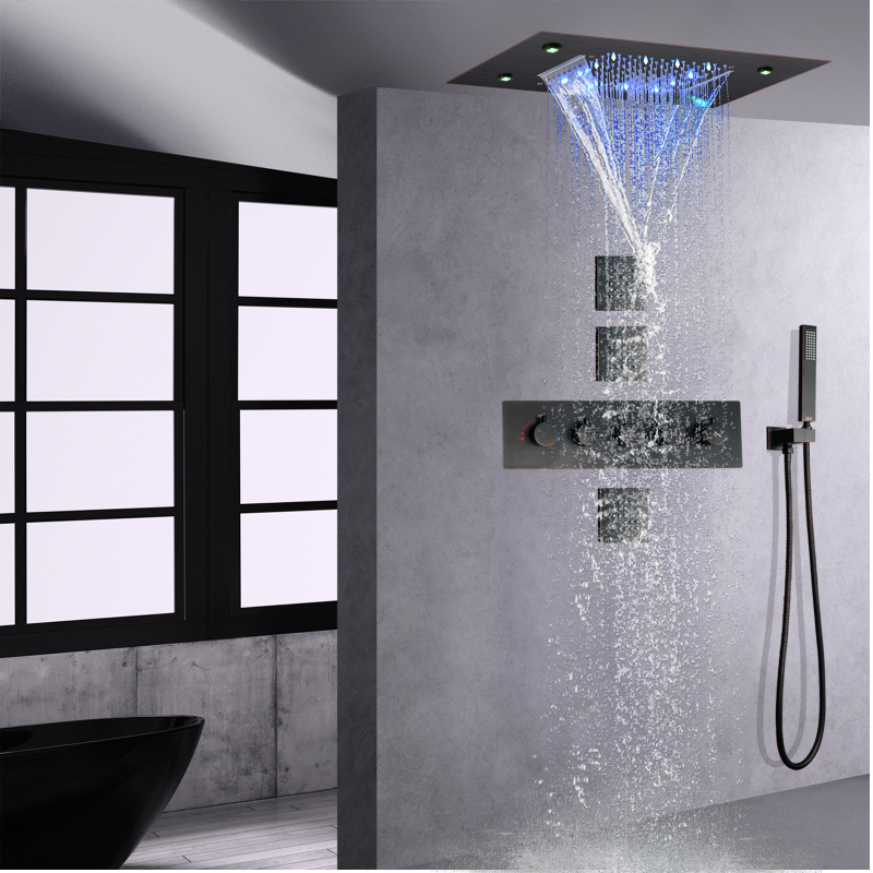 Oil Rubbed Bronze Thermostatic Rain Shower Faucet Bath Shower Set System 14 X 20 Inch LED Waterfall Rainfall Shower Head