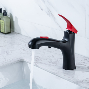 Matte Black Deck Mounted Sink Faucet Red Handle Contemporary Basin Mixer Full Out Double Water Functions Head