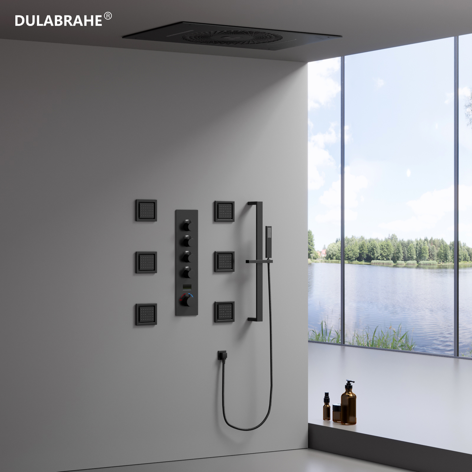 Music Ceiling Color-changing Led Shower Head Recessed Water Column Waterfall Shower Head Temperature Display Hot And Cold Shower Faucet Set