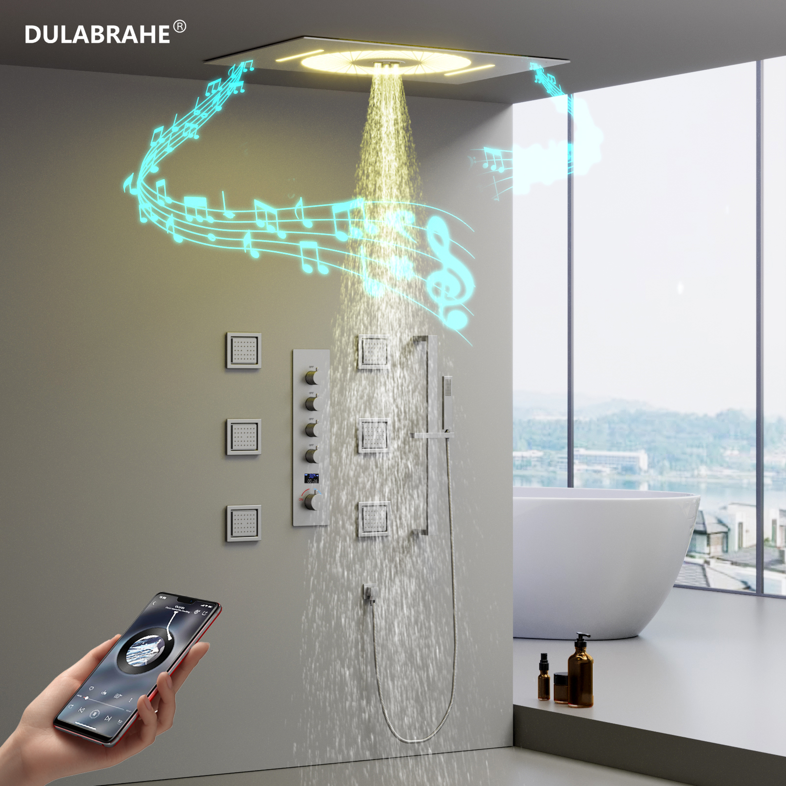Modern Home Bathroom Vertical Hot & Cold with Digital Display Music LED Shower Head System with Lifting Lever Handheld Faucet Set