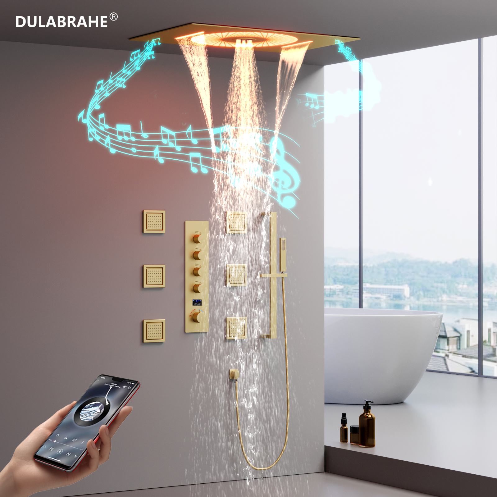 DULABRAHE60x40.5CM Sky City LED Hot & Cold Flow Shower Set System Water Column Waterfall Shower Music Bathtub Set