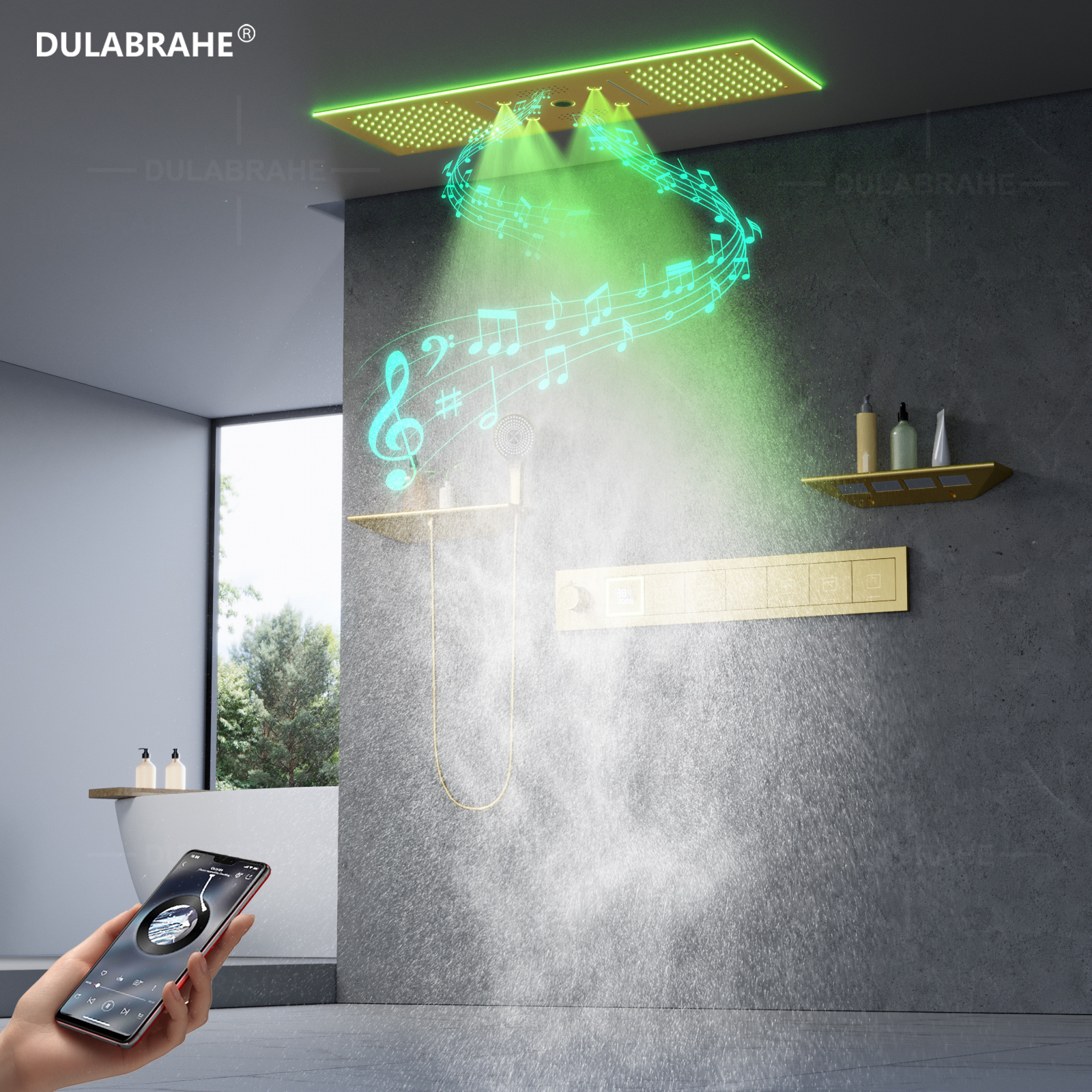 Brushed Gold Bathroom Constant Temperature High Flow Shower Led Light Shower Head with Speaker Waterfall Rainforest System