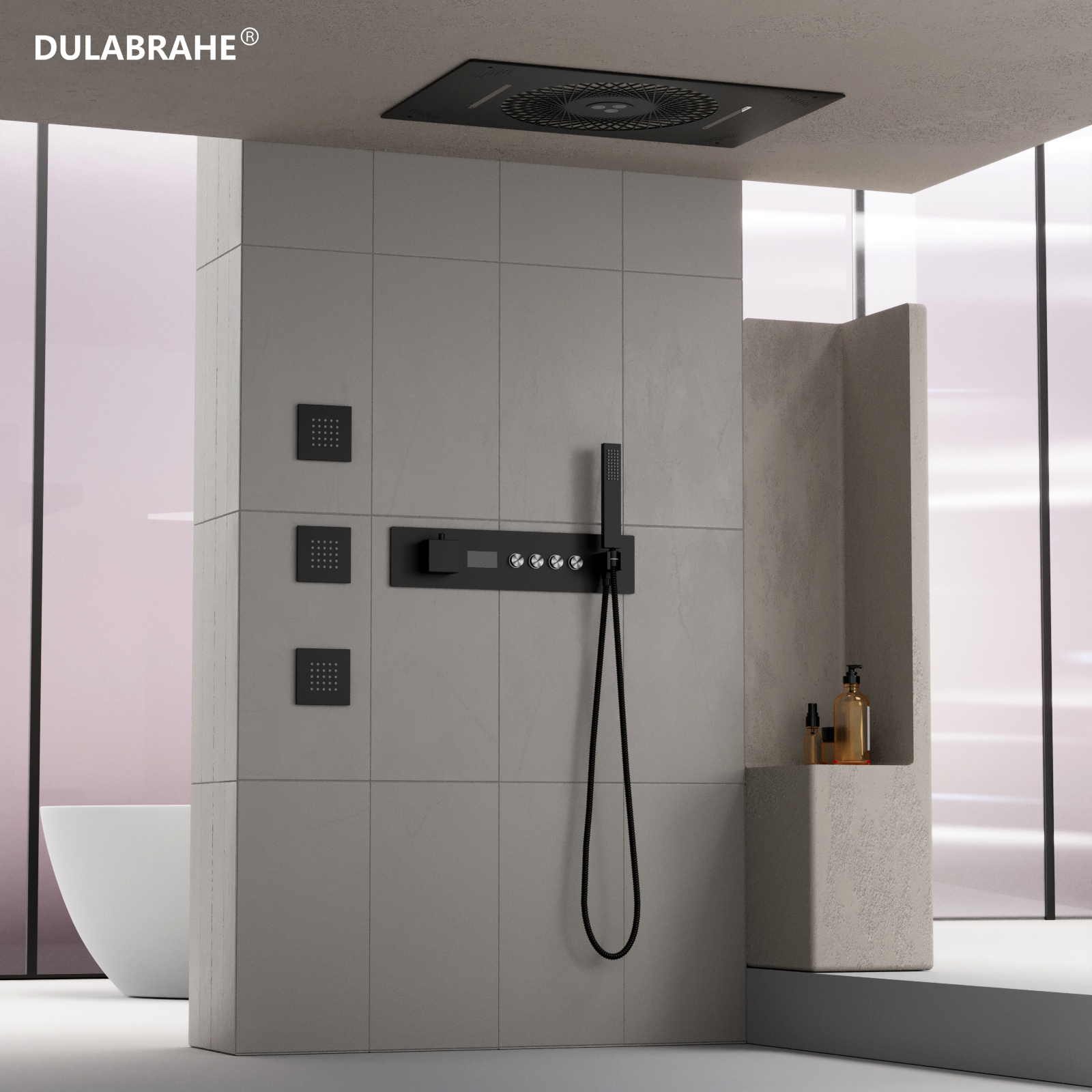 600X405MM Top Spray Shower Head with Music Speakers LED Waterfall Jet Bath Thermostat Shower Faucet Set