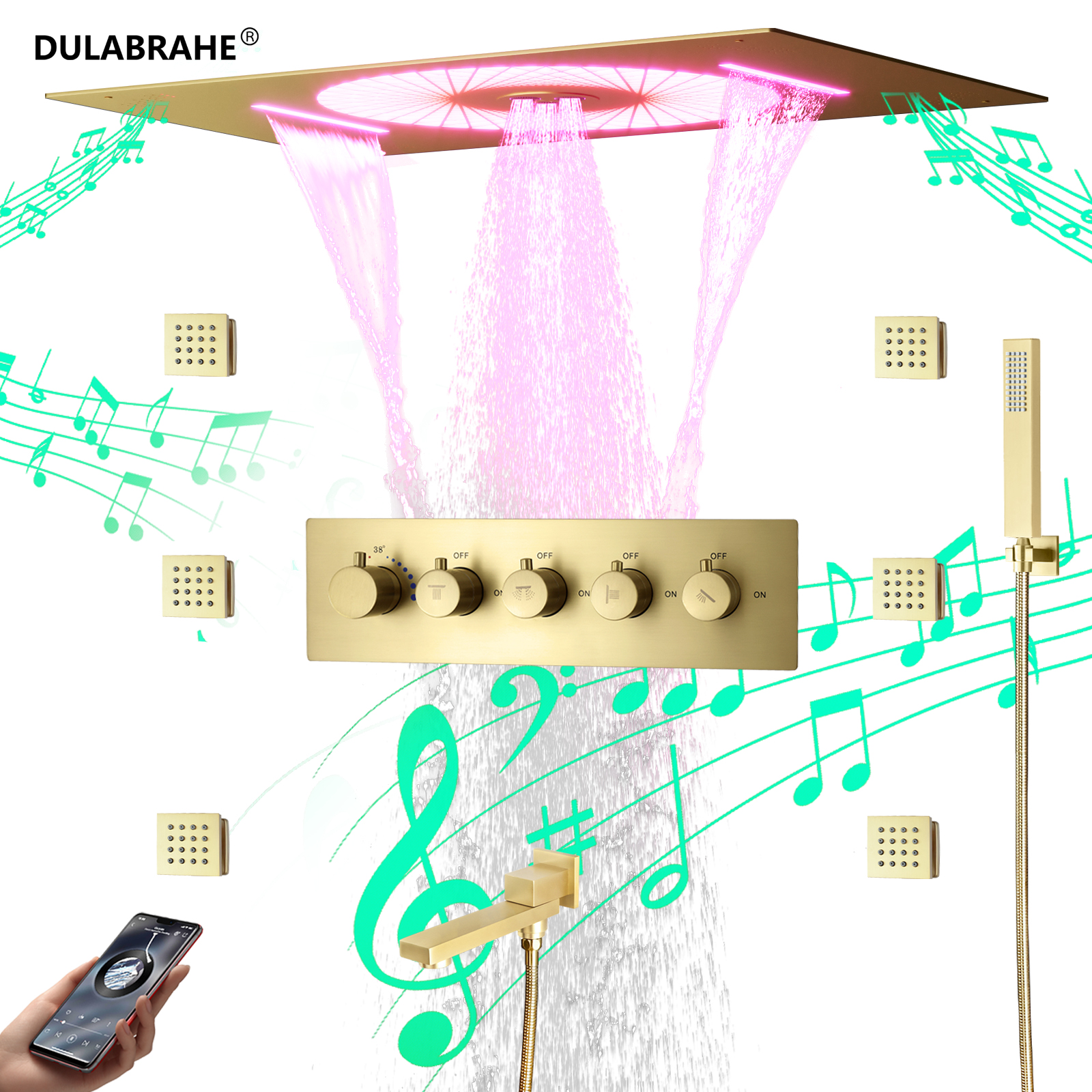 Brushed Gold Brass Shower Thermostat Set, LED Musical Tub Shower Faucet System, Side Spray Head, Massage Spa