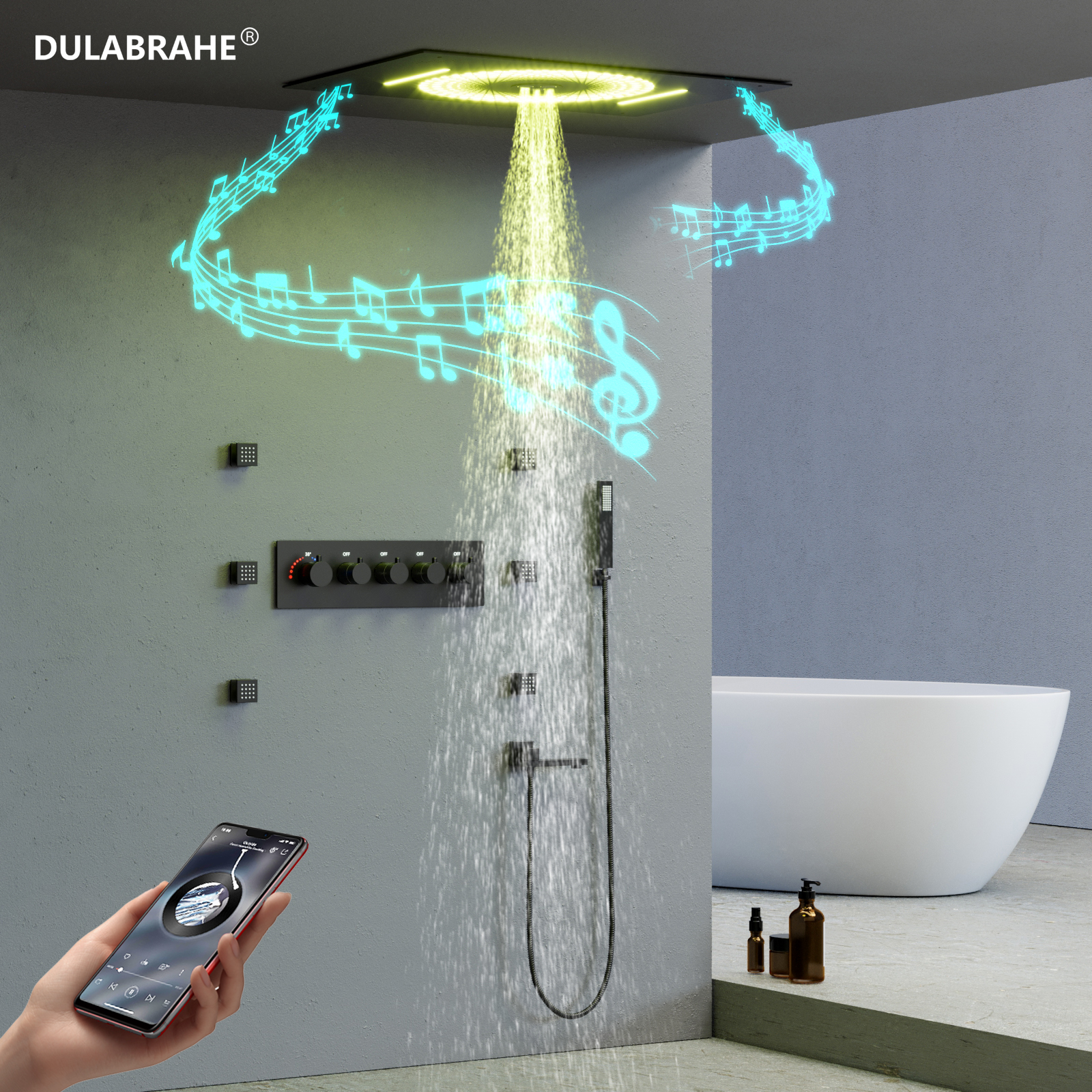 2024 New Sky City LED Bluetooth Music 60x40.5CM Ceiling Shower Head Set Bathroom Thermostatic Faucet Bath Shower