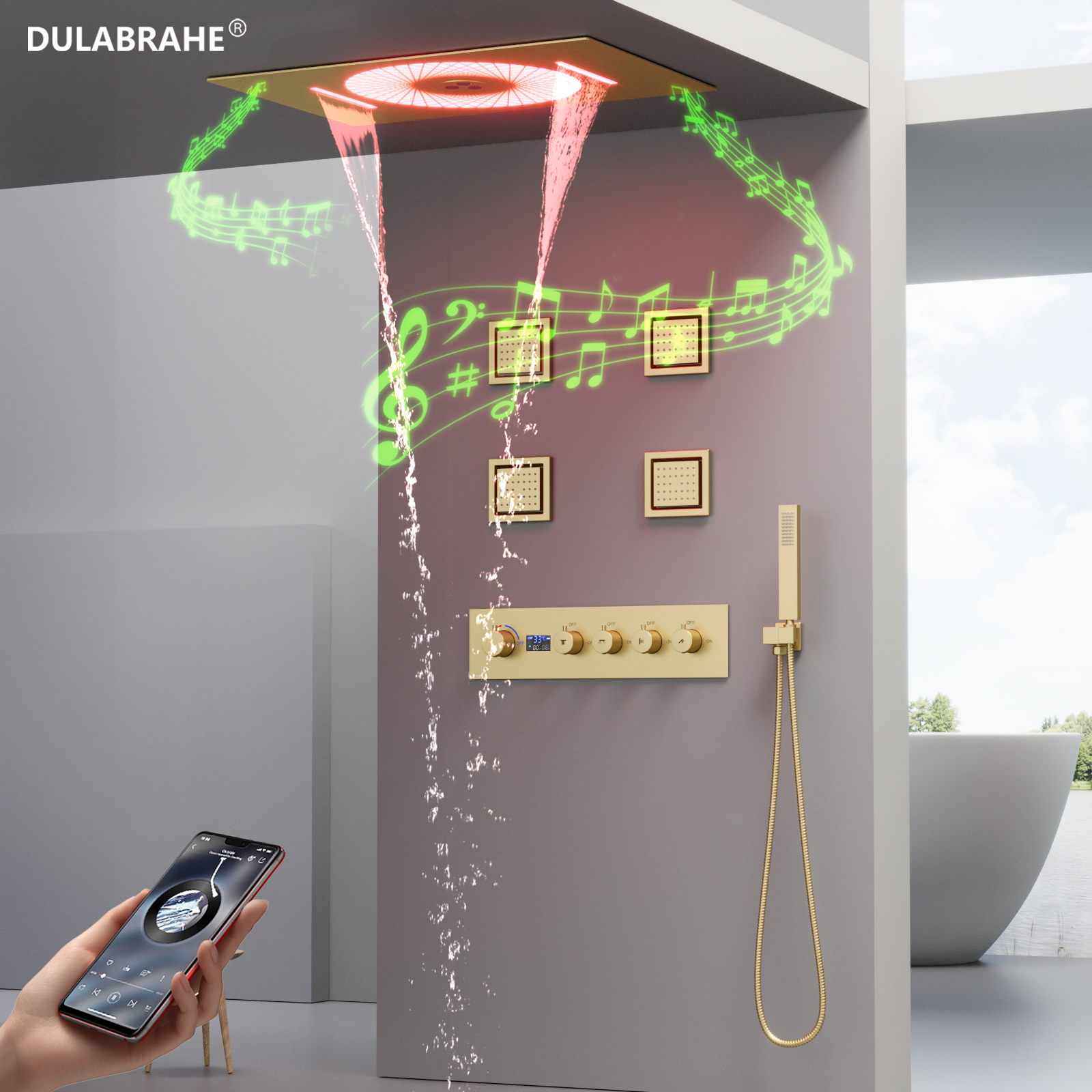 Brushed Gold Music LED Shower System Rain Shower Head Set with Digital Hot And Cold Mixing Valve