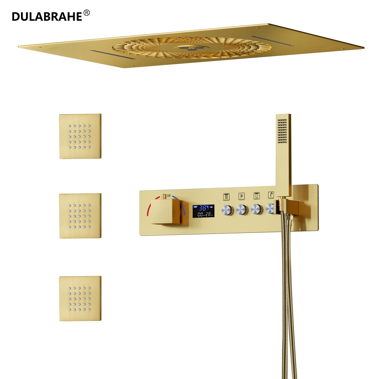 Luxury Square Brushed Gold Thermostatic LED Light Music Water Column Waterfall Head Home Shower Set System Shower Combo Faucet