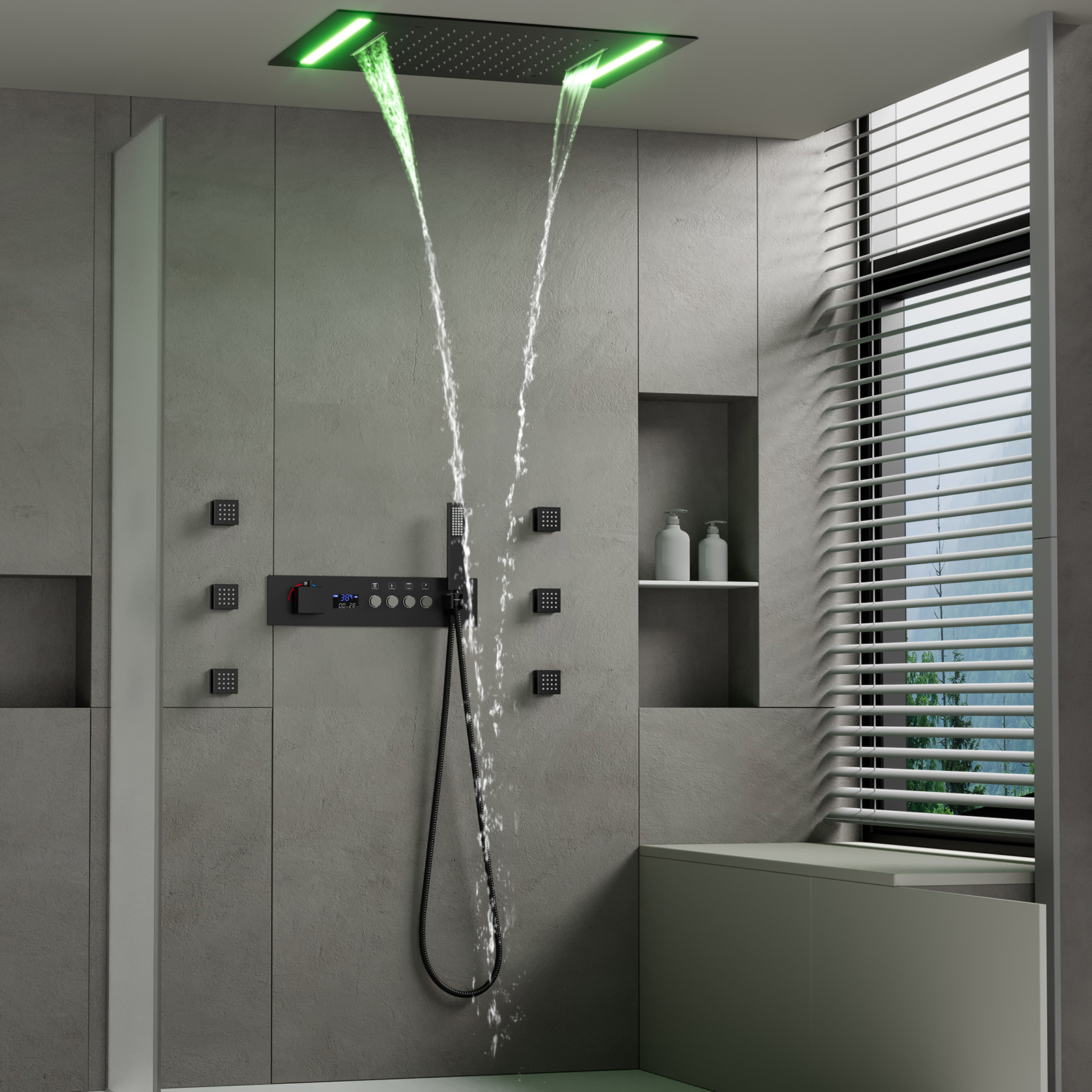 Modern Bathroom LED Shower Head 500*360MM Rain Shower Waterfall Ceiling Type Thermostatic Shower Valve Set