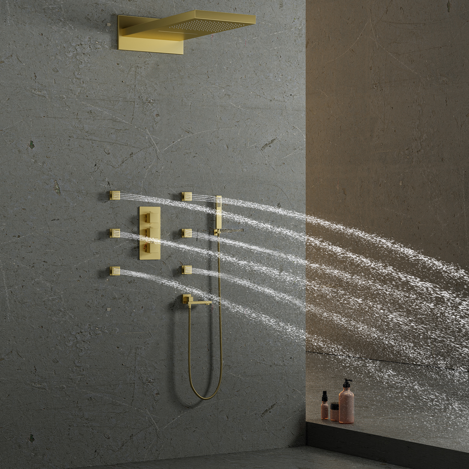 Luxury Gold Shower Head Set Shower Mixer Shower Rain Waterfall with Handheld Modern Square Faucet
