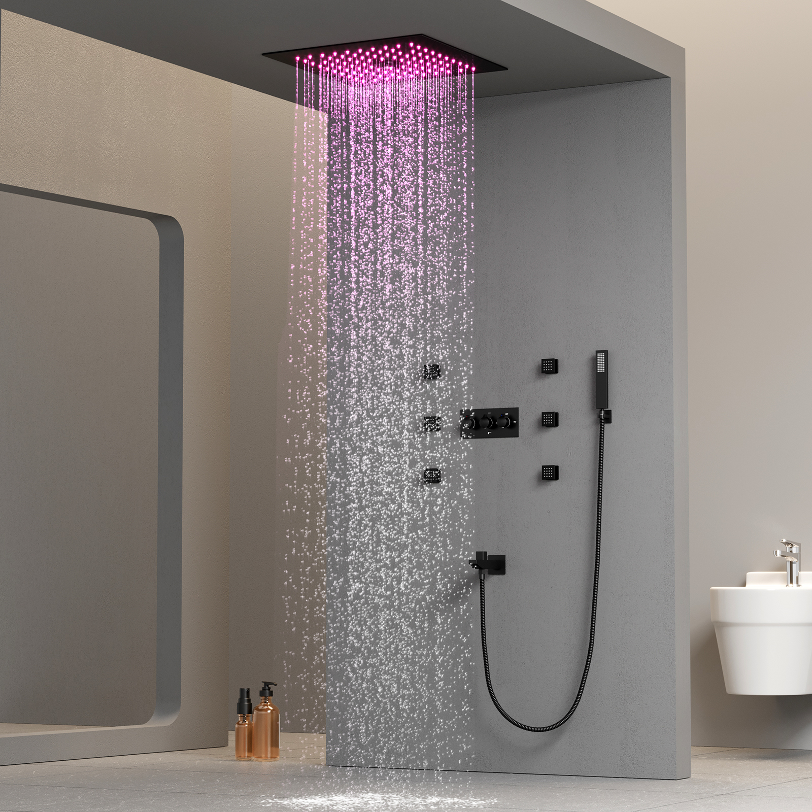 300*300mm Constant Temperature Shower Mixer Valve Rain Shower Head LED Light Shower System Set