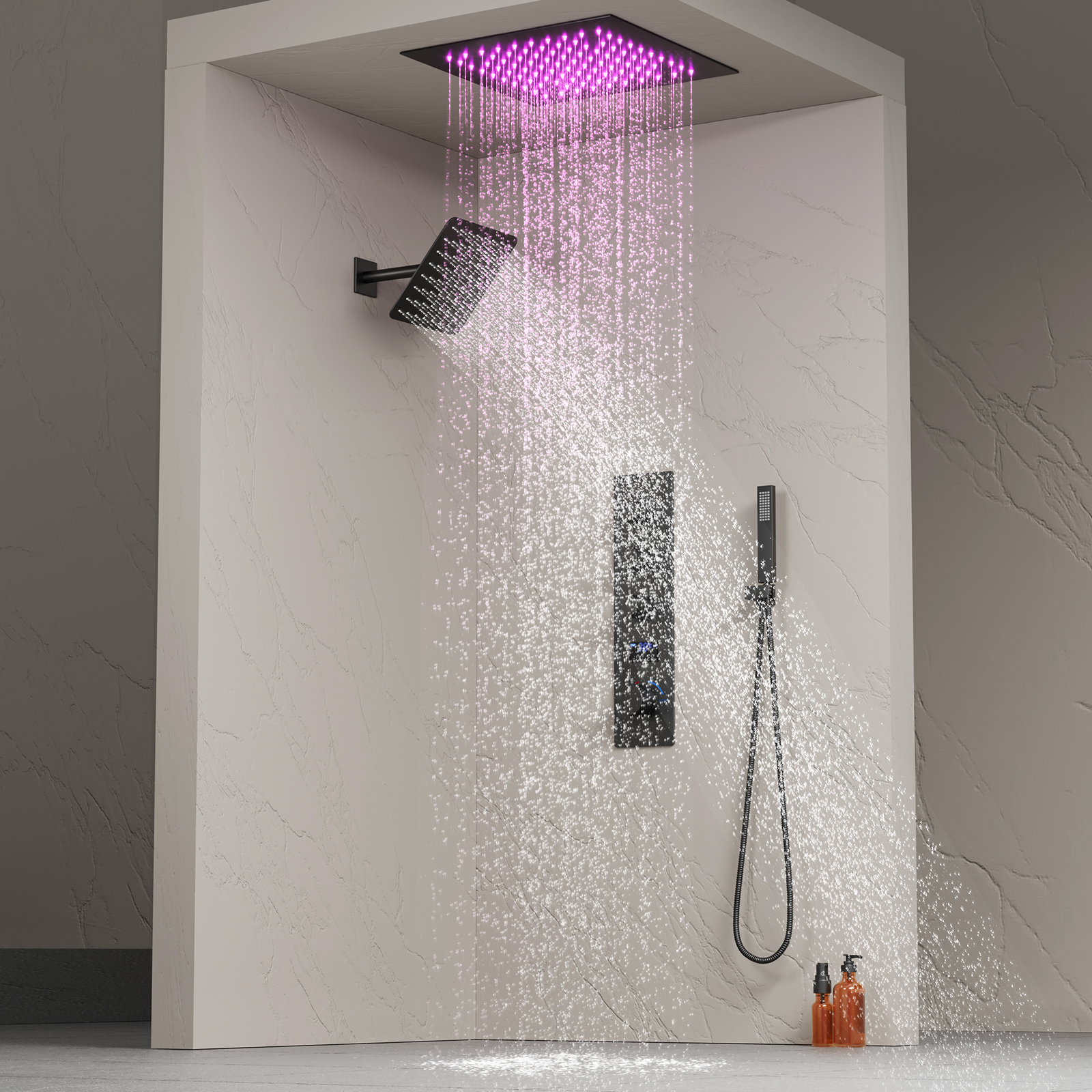Bathroom Luxury Square LED Black Shower Head Set Rain Mist Thermostatic Ceiling Shower System