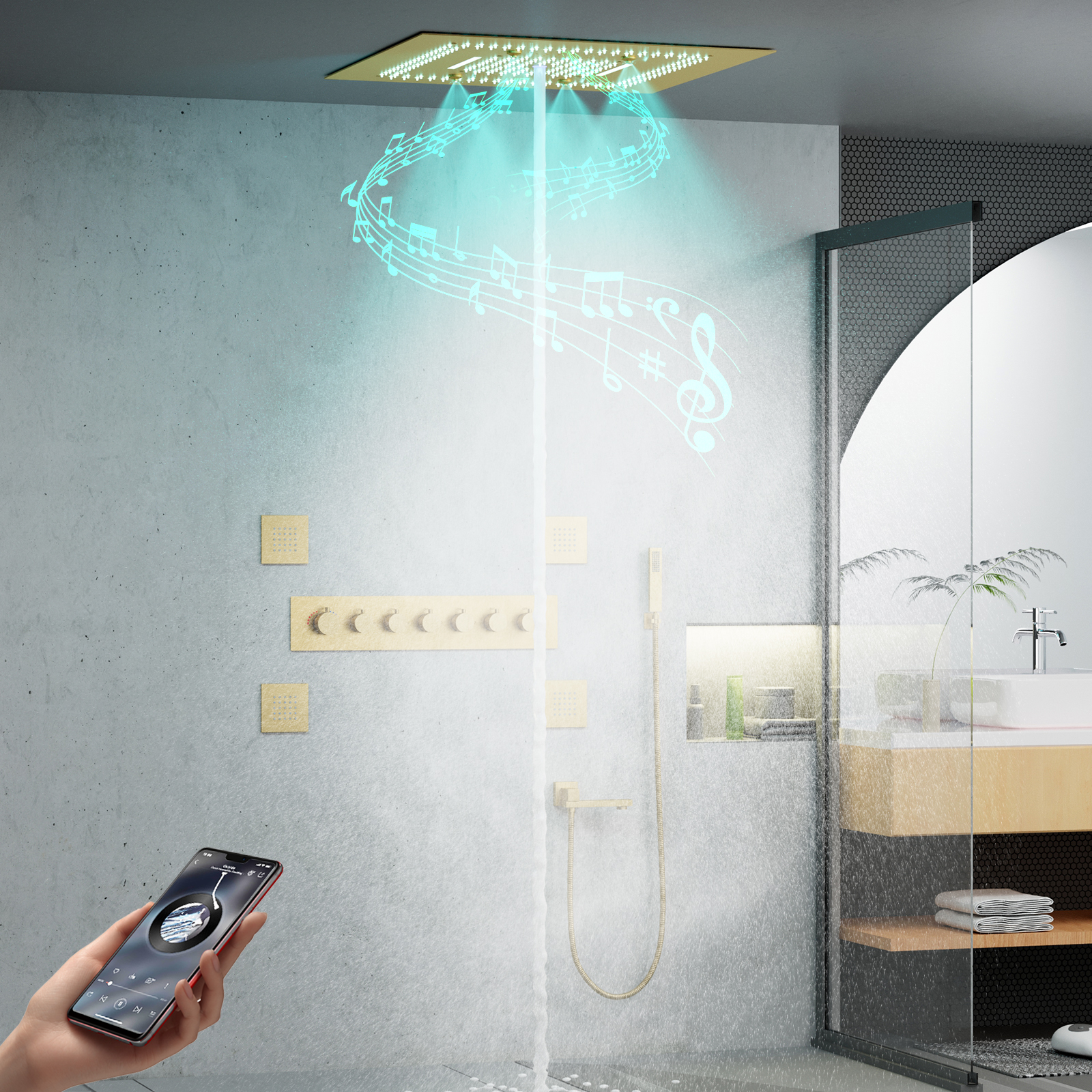 Luxury Bathroom Shower Set System Brushed Gold Rain Shower Mixer Set Copper 6 Function Led Shower Head Set