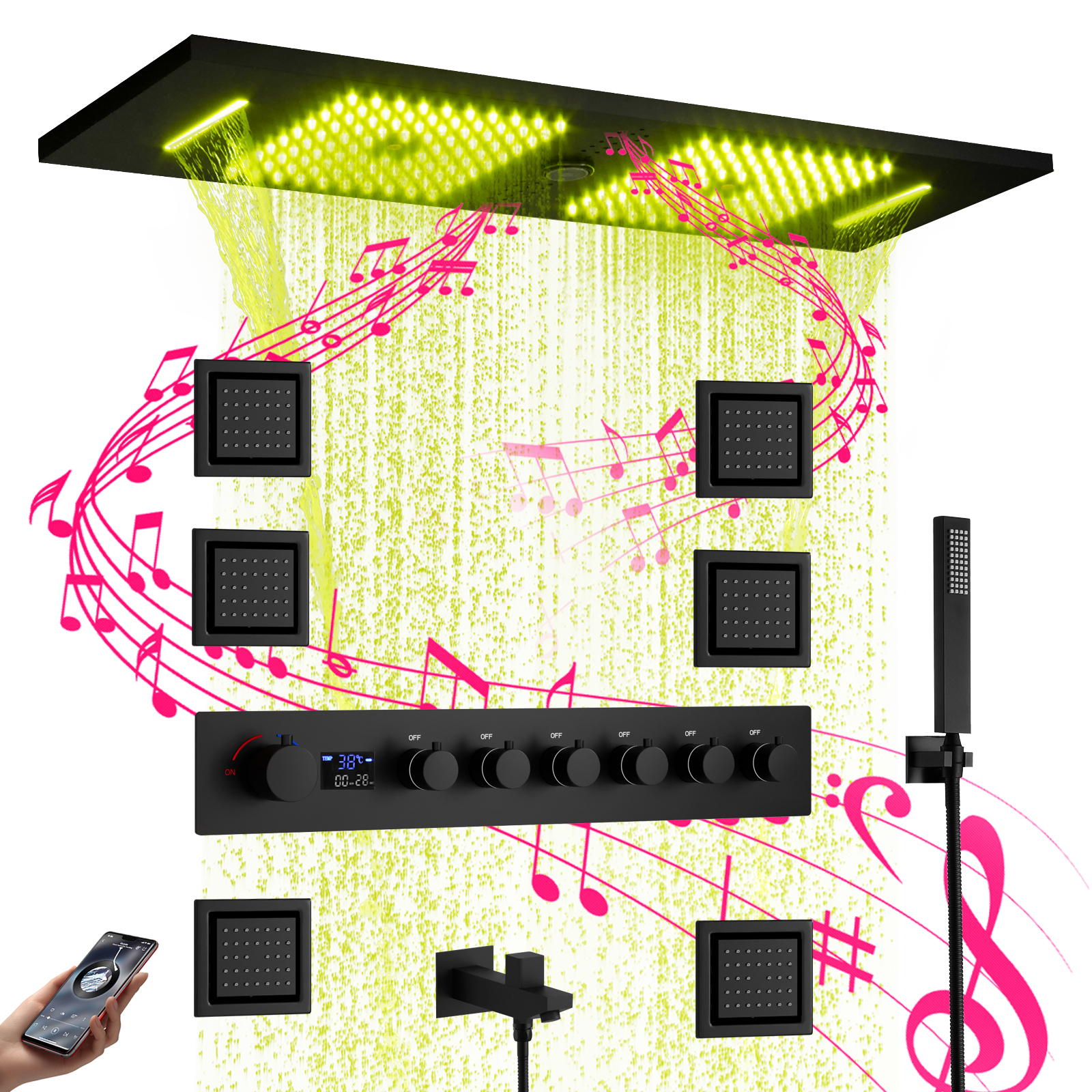900X300MM Matte Black Bluetooth Music LED Shower Valve System Is Divided into Hidden Shower Set