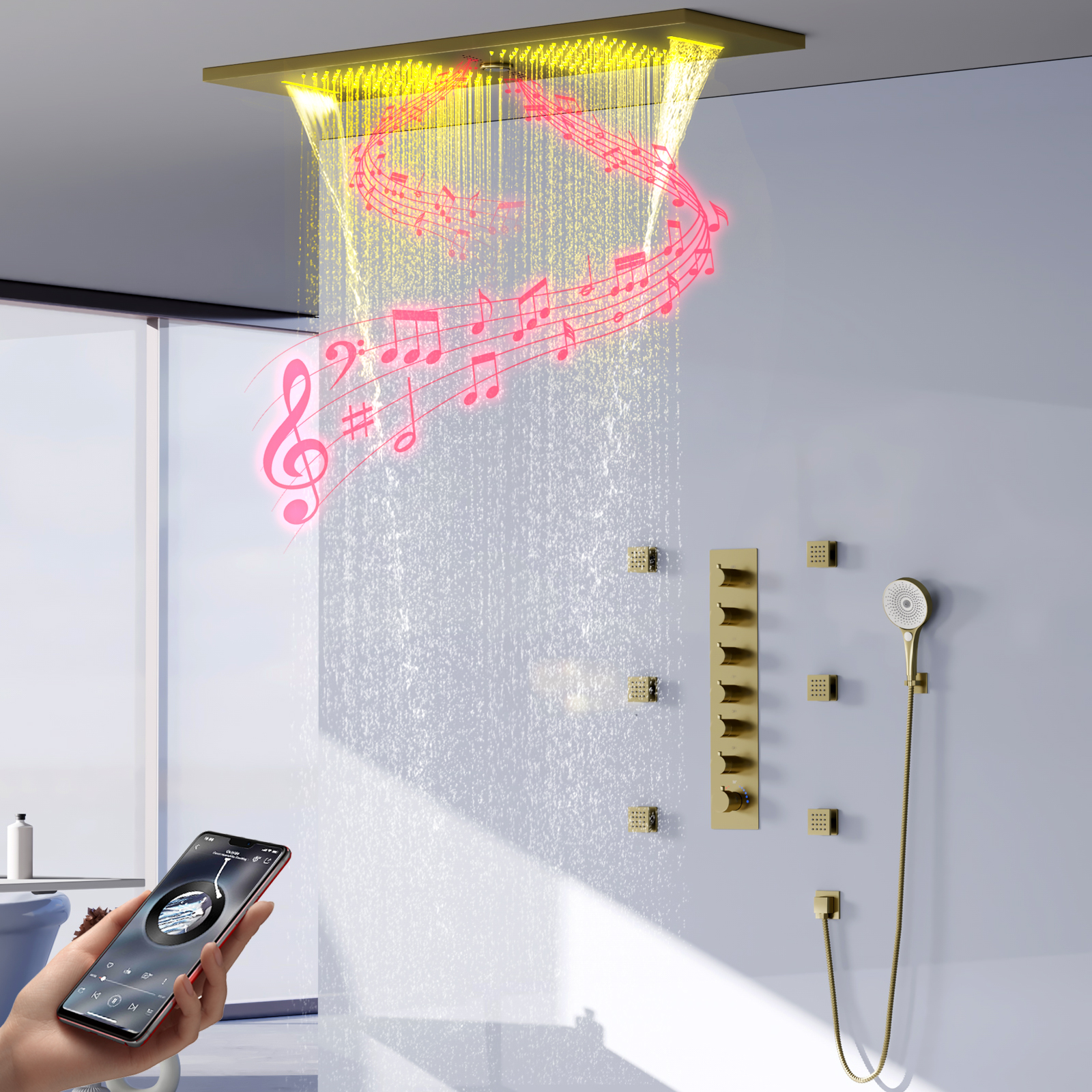 LED Bathroom Brushed Gold Shower Head System Rain Shower Waterfall System Thermostatic Shower Faucet Set