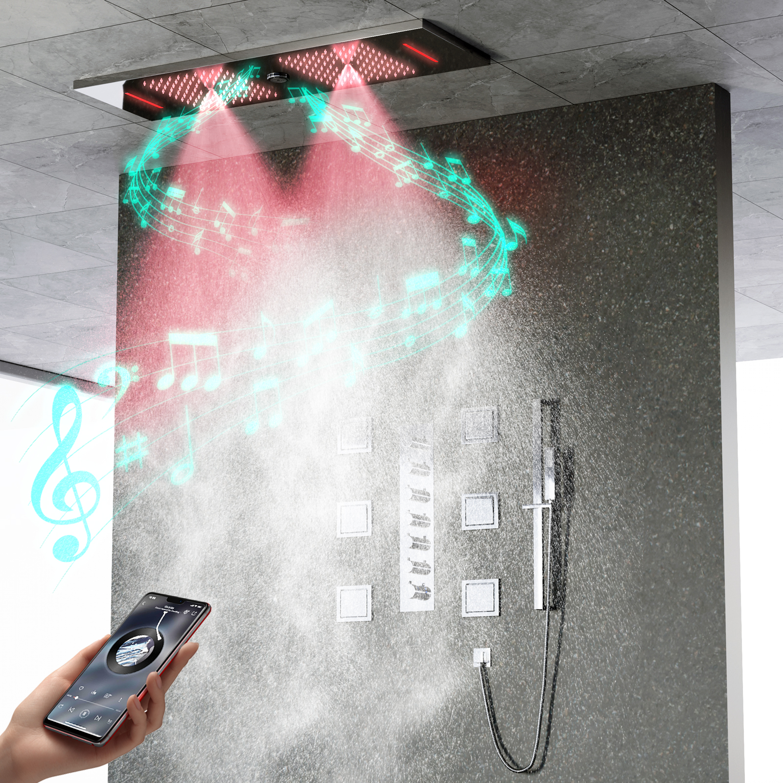 Bath Spa Shower Faucet Rain Waterfall Shower Recessed Ceiling Shower Head Set with Body Jets