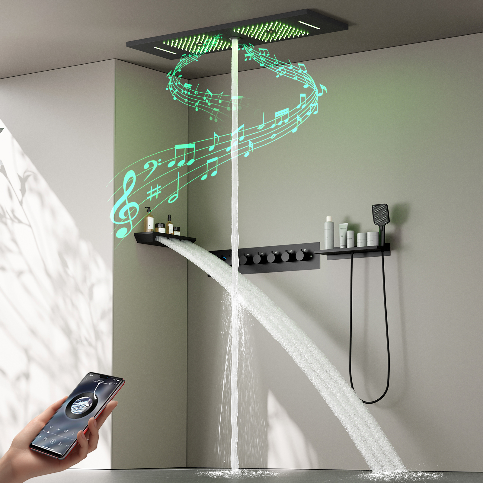 90x30Cm LED Light Square Brass Music High Pressure Rain Shower Top Sprayer Shower Faucet And Valve