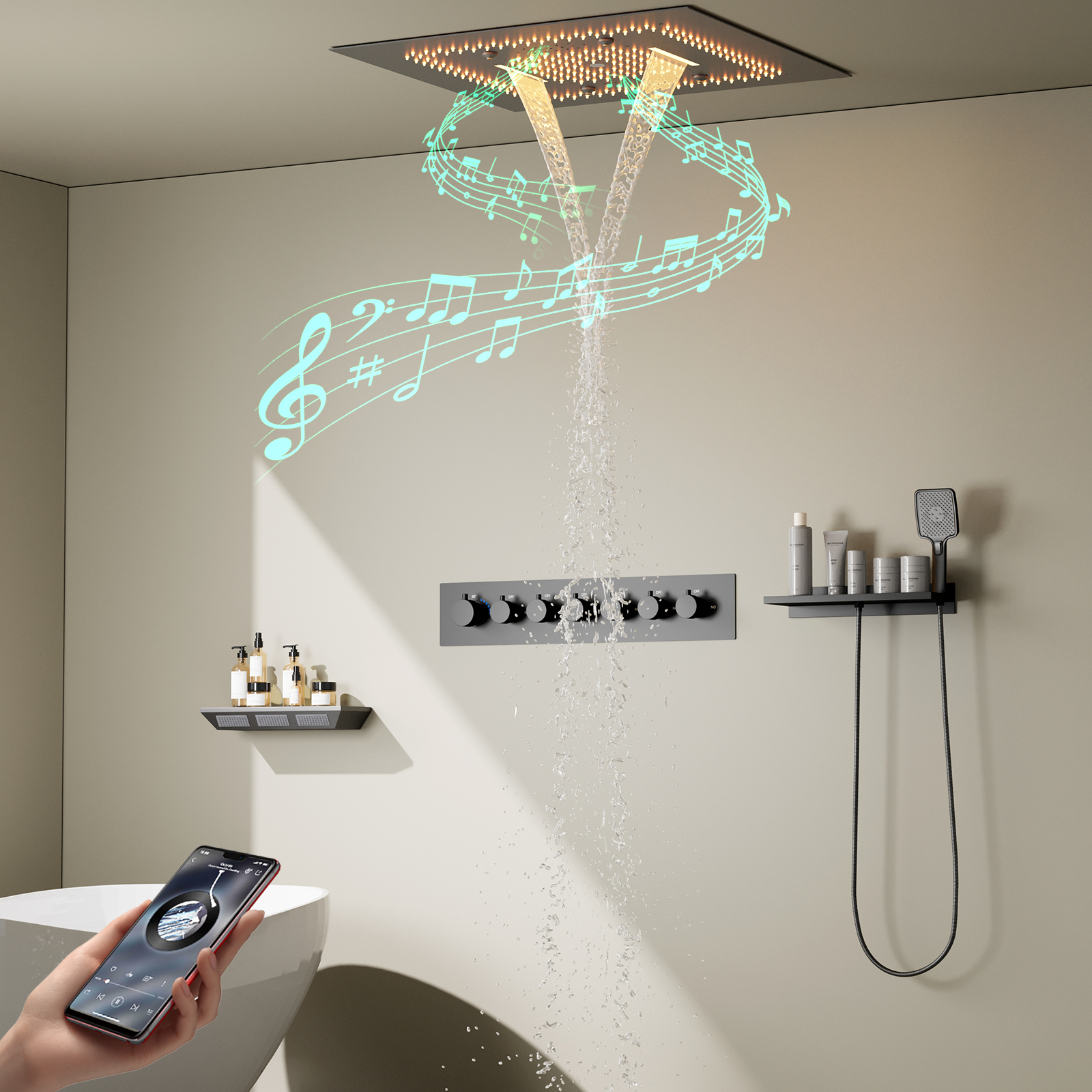 Bathtub Spa Gun Grey LED Shower Head Rain Shower Waterfall Multifunctional Recessed Ceiling Music Shower Set
