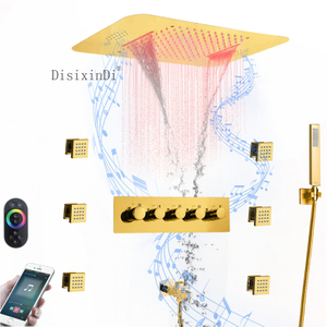 Ti Gold Bathroom Rainfall Waterfall LED Thermostatic Shower Faucet With Shower Body Jet And Music Function Shower Head