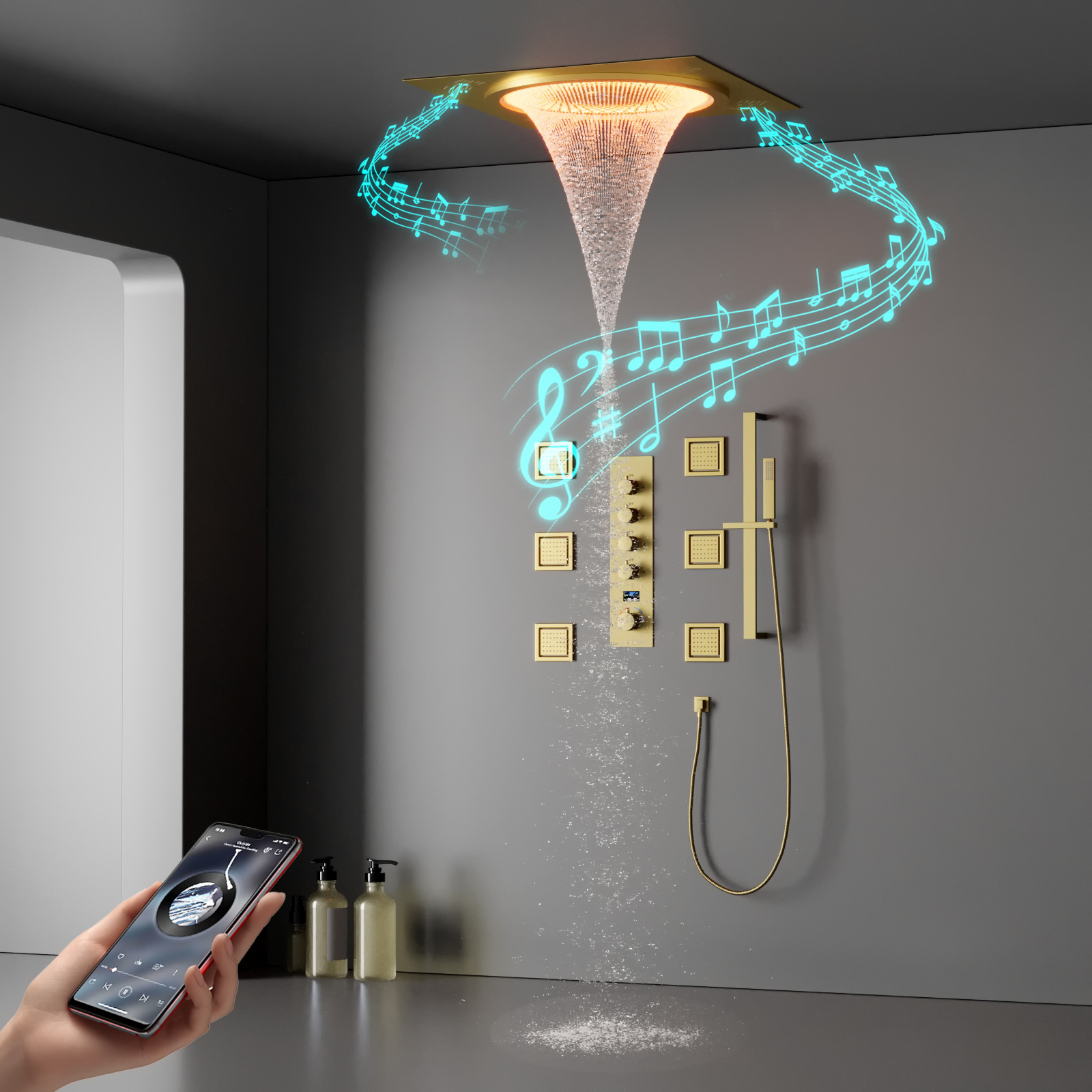 500*500mm Large Smart Shower Ceiling Embedded Bathroom Brushed Gold LED Music Constant Temperature Rain Shower Column