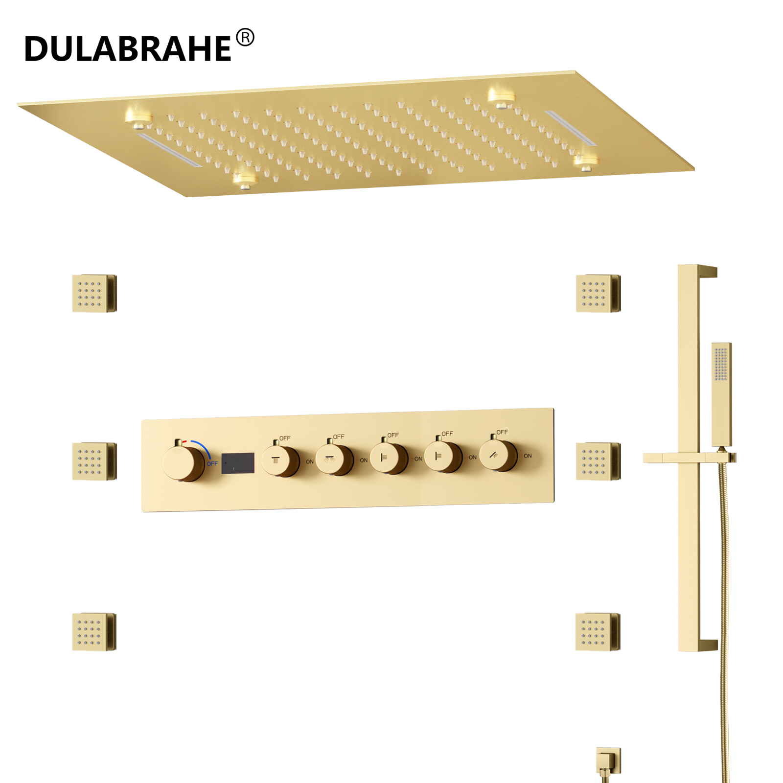 Brushed Gold Hidden Shower Set Wall Mounted Rain Shower Head Luxury Shower Valve Mixer Combo