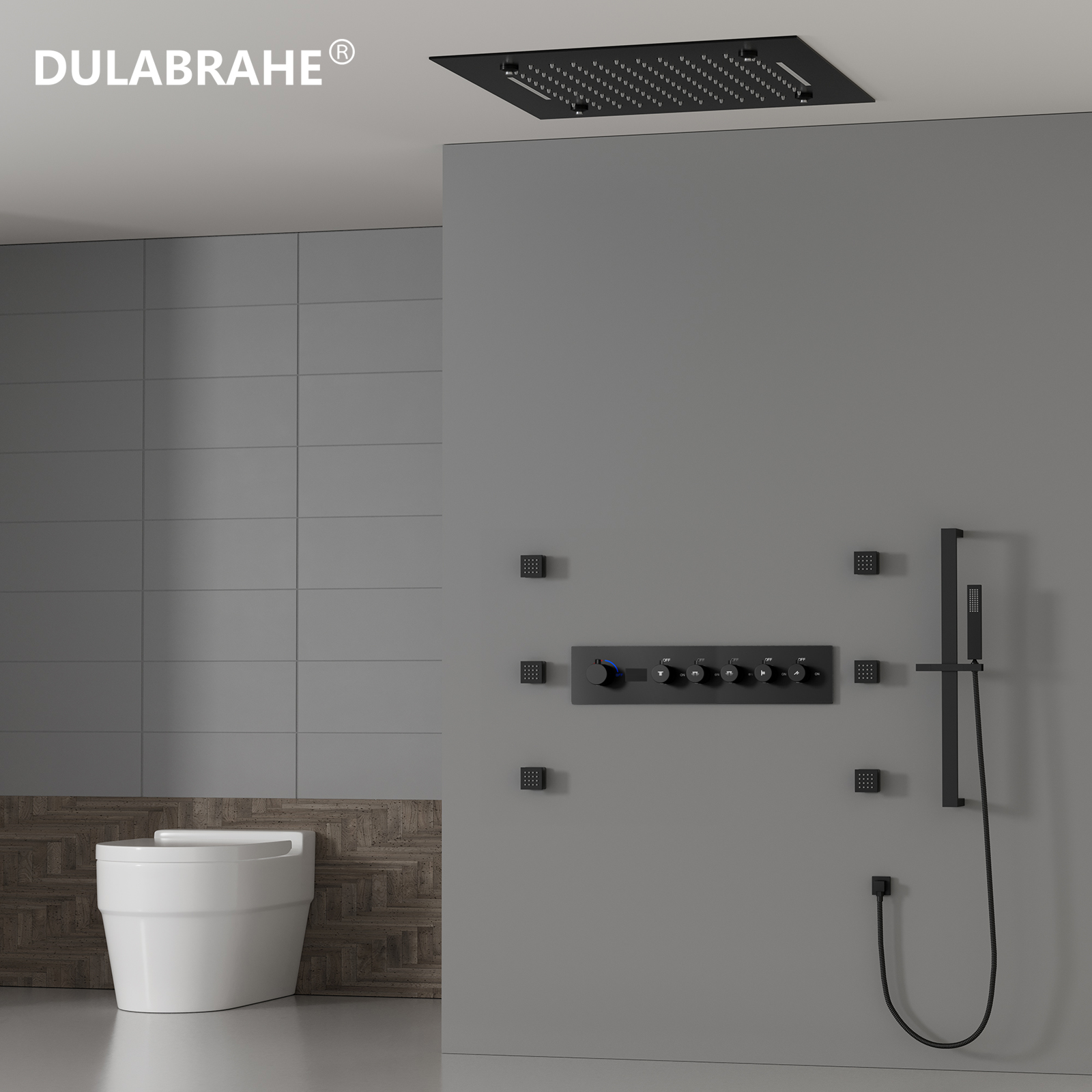 Faucet Set, Digital Display, LED Hot And Cold Mixing Valve, Matte Black Ceiling, Rain Shower, Hidden Shower, with Handheld Showerhead