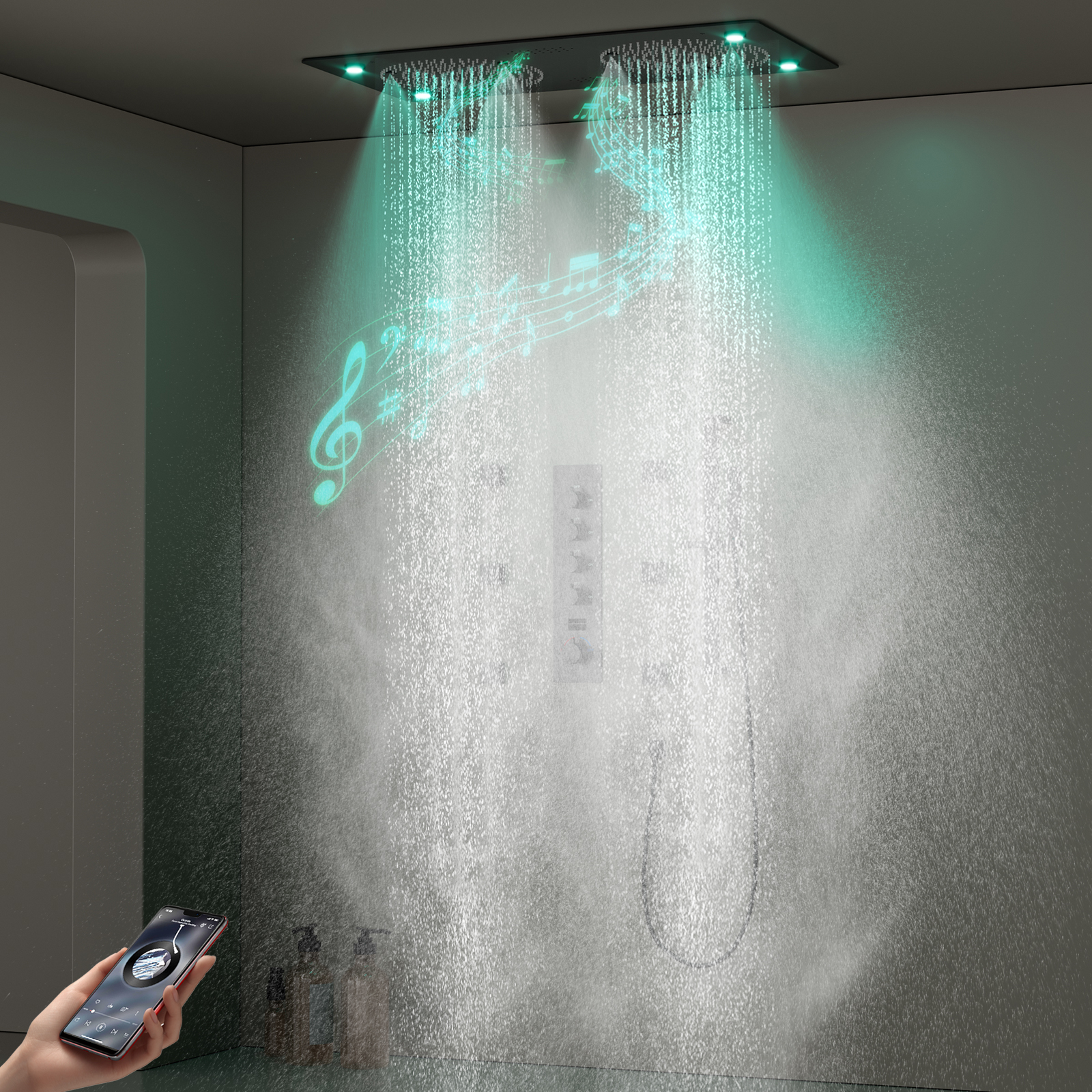 Modern Multifunctional 62x32CM Black Bathroom LED Music Shower Thermostatic Rain Shower Smart Shower Set