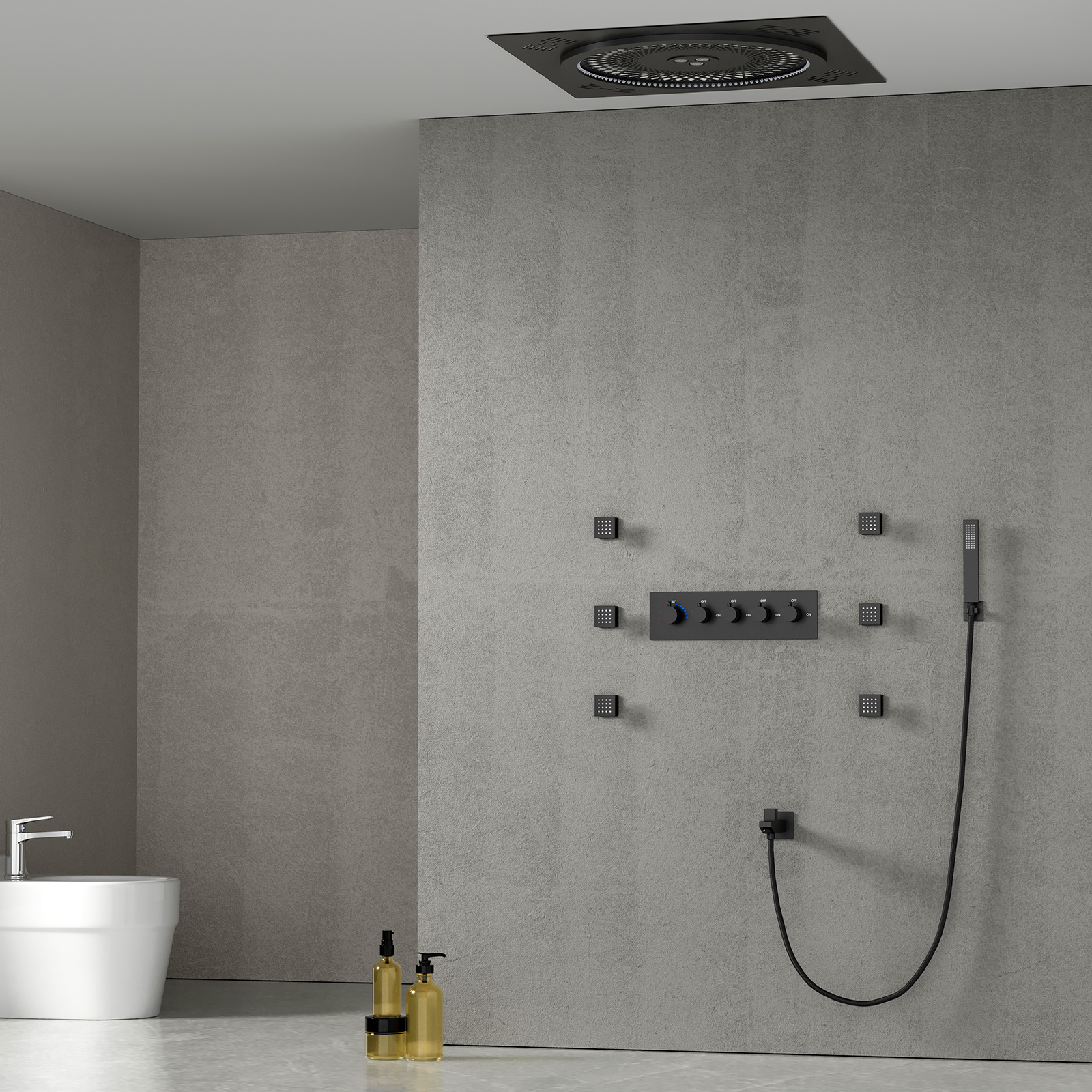 Bathroom LED Music Rain Column Suspended Ceiling Shower Head Concealed Square Shower Head Set