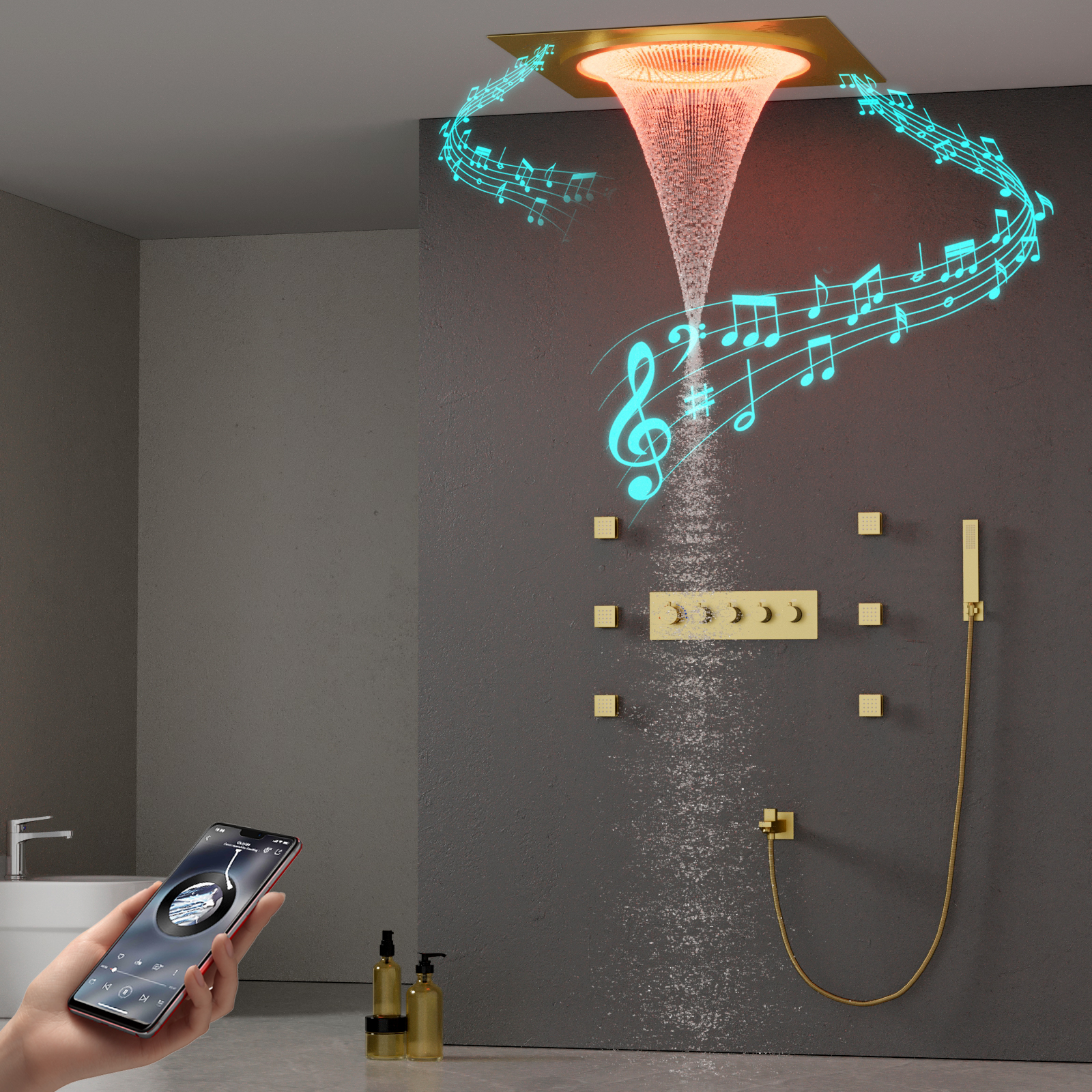 Popular Ceiling LED Shower Head Set Smart Music Shower Head Faucet Rain Water Column Shower System