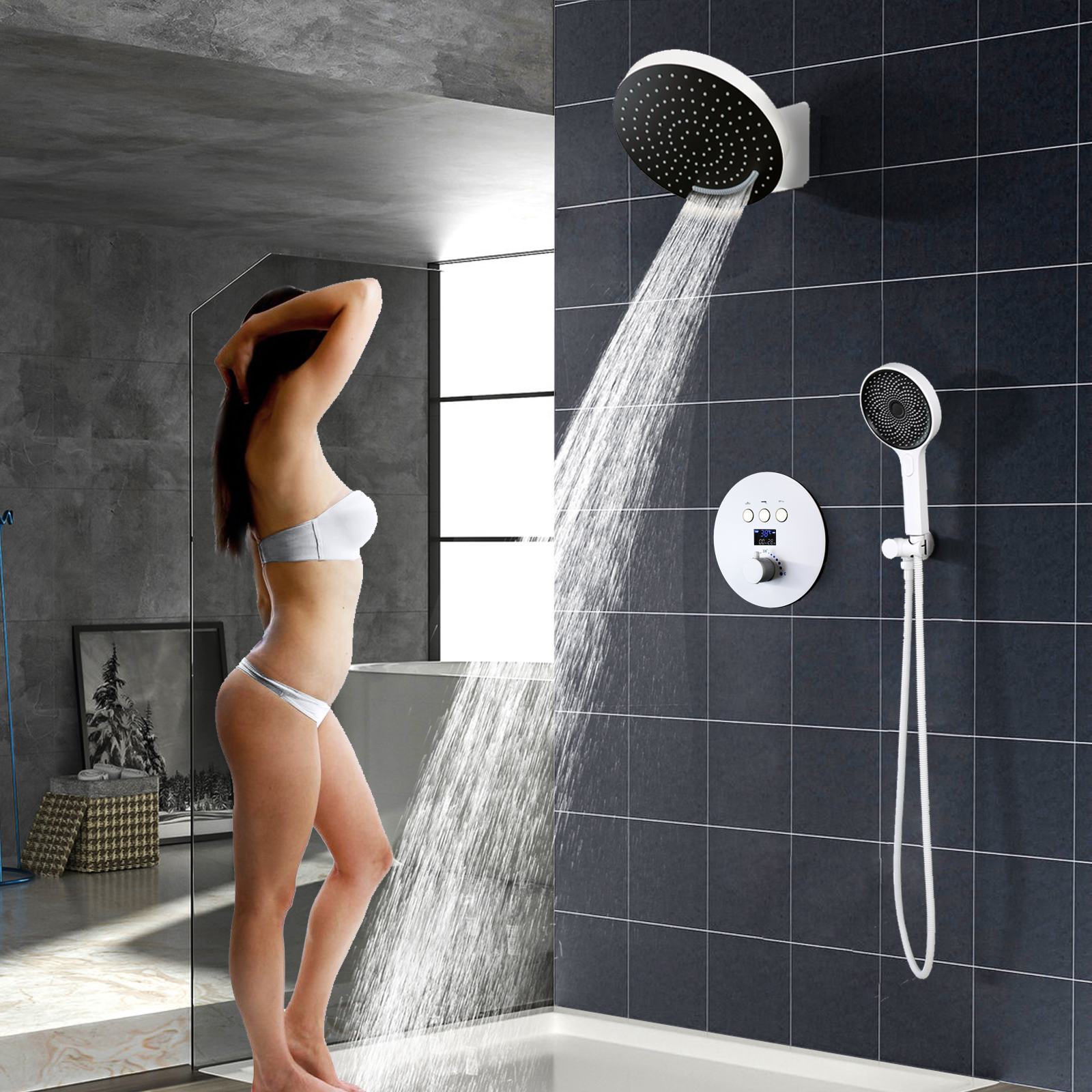Concealed Shower with Wall Mounted Embedded Shower Set, Concealed Ceiling Shower in Household Bathroom