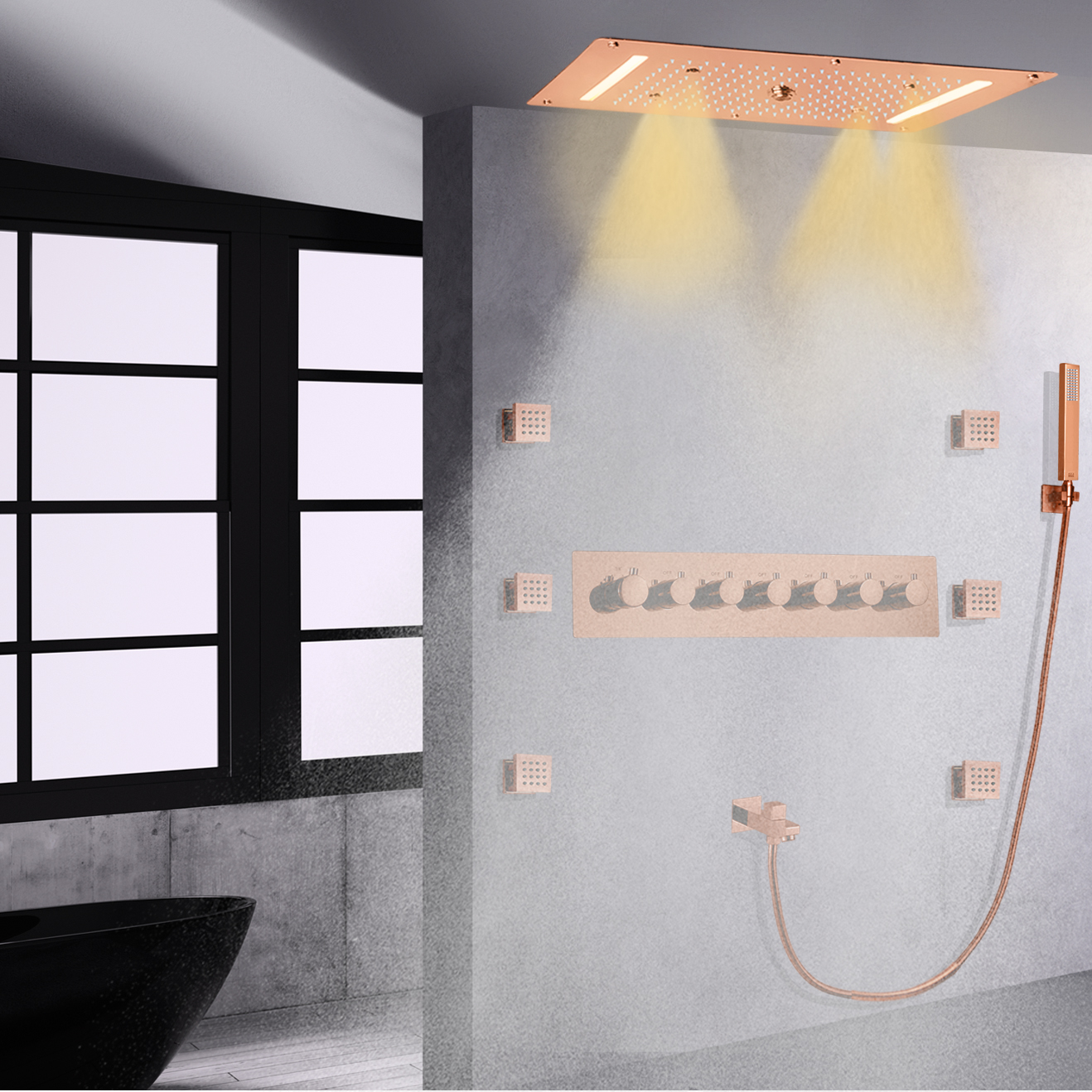 Rose Gold Embedded Bath Ceiling Shower Mixer Rainfall Waterfall Shower Tub Spout Combo Set