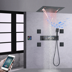 Matte Black Bath Concealed Shower Mixers Thermostatic Digital Display Bathroom Shower Speaker Waterfall Spa Shower Body Jets