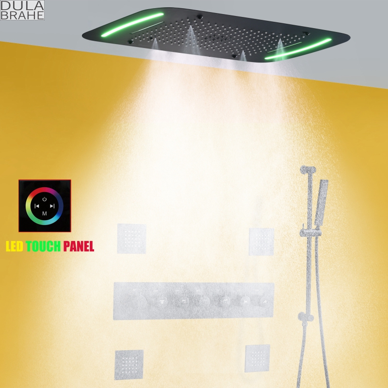 Thermostatic Matte Black LED Shower System Set 28X17 Inch Large Bathroom Waterfall Rain Panel Hydro Jet Massage