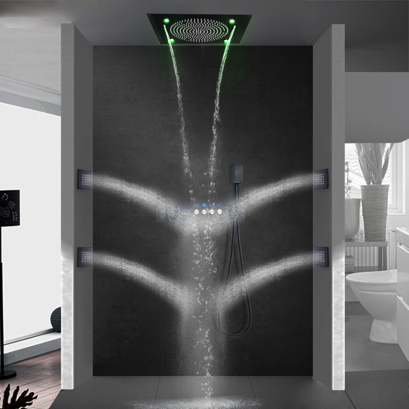 Matte Black LED Bath Shower Faucet Stainless Steel Thermostatic Digital Display Bathroom With Music Function Shower Head