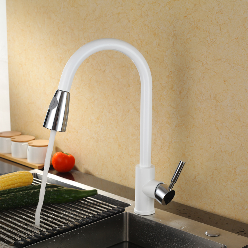 Hot Sales White Plus Chromium Luxury Sink Bifunctional Contemporary Kitchen Taps Pull Out Single Handle