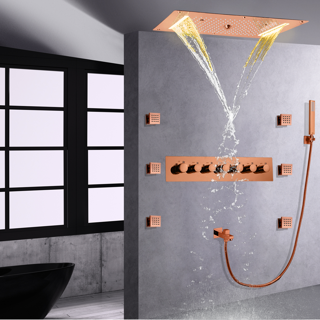 Rose Gold Luxury Bath Shower Mixer LED Bathroom Thermostatic High Flow Shower Waterfall Rainfall