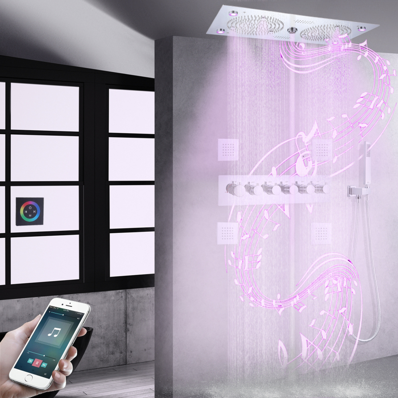 Shower Faucet Set 620*320mm LED Thermostatic Bathroom With Music Features Chrome Polished Shower System With Handheld