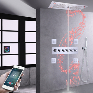 Chrome Polished Shower Mixer LED Bathroom Thermostatic Of Nozzles Shower Column Rain Mist Music Shower System Set