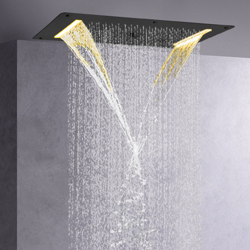 Matte Black Shower Mixer 70X38 CM LED Bathroom Multifunction Shower Waterfall Rainfall Atomizing Bubble