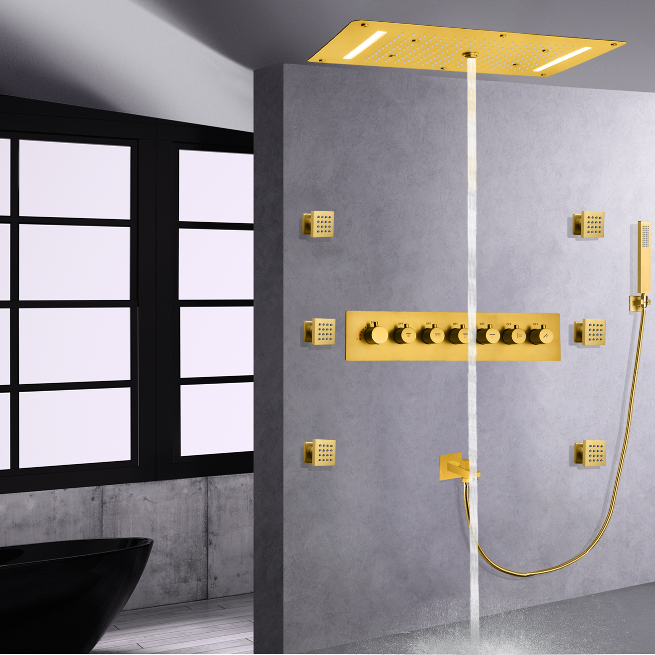 Brushed Gold LED Thermostatic Brass Shower Faucet Set Bathroom Multifunction Head Waterfall Rainfall Handheld