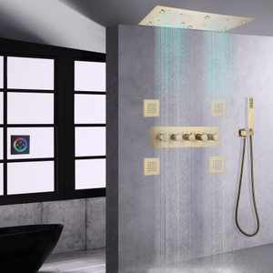 Bathroom LED Thermostatic Brushed Gold Wall-Mounted Double Bibcock Rain Mist Hydro Jet Massage