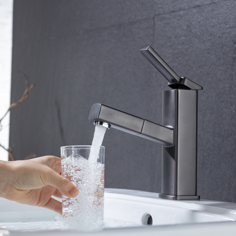 Contemporary Gun Gray Pull Out Faucet Basin Faucet Hot And Cold Bathroom Sink Faucet