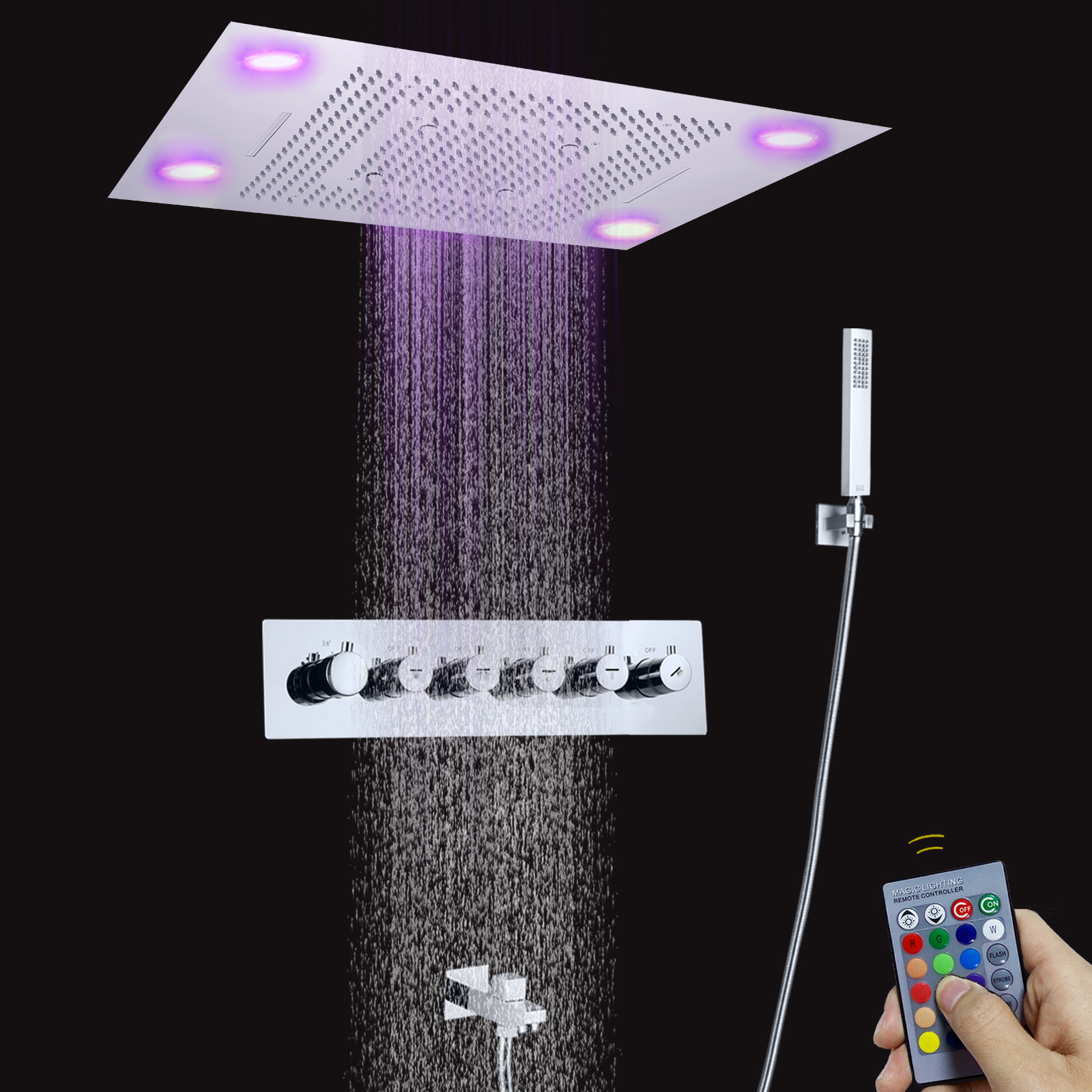 Luxury Large LED Rain Shower Head 800*600MM Chrome 5 Ways Massage Waterfall Thermostatic Rainfall Shower Set