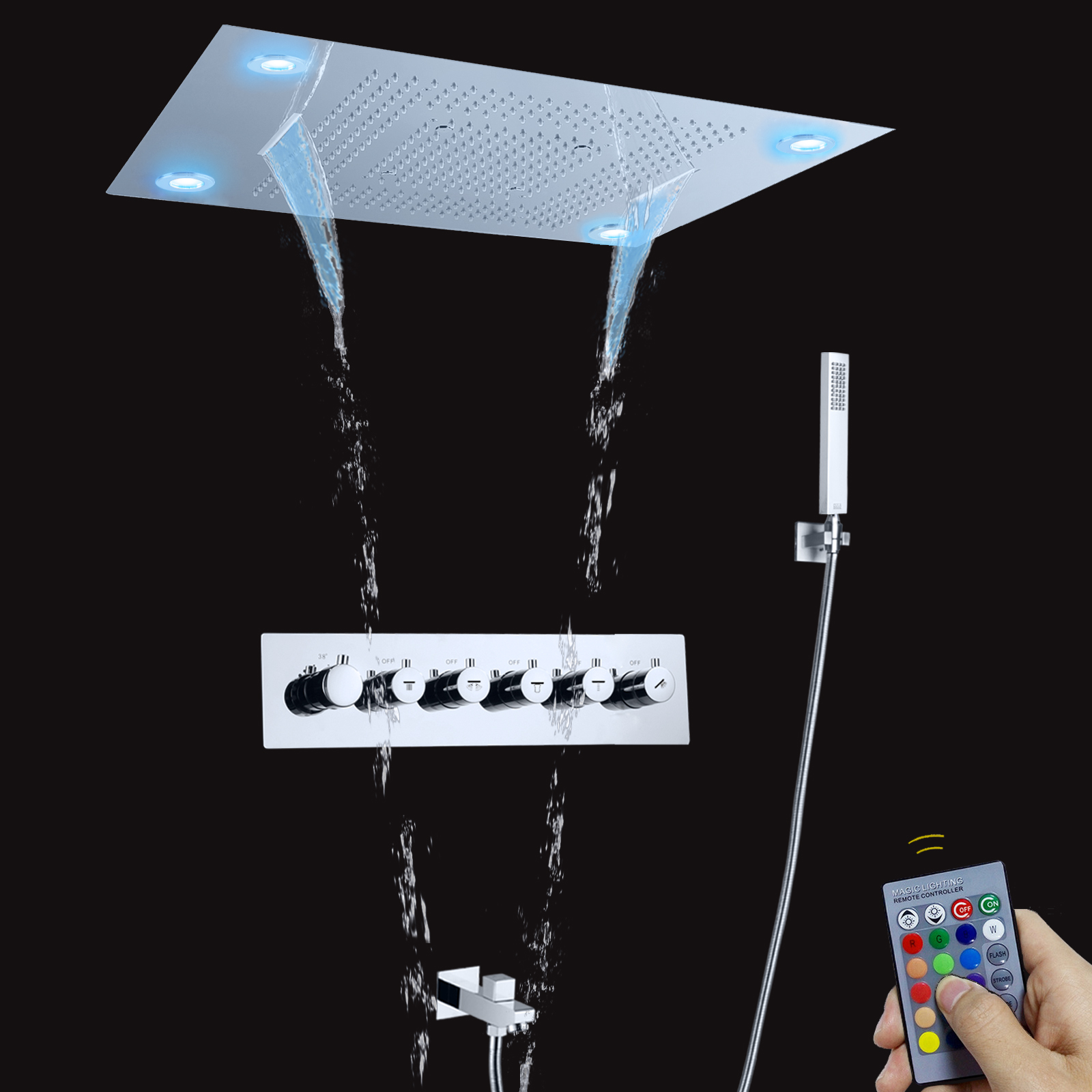 Luxury Large LED Rain Shower Head 800*600MM Chrome 5 Ways Massage Waterfall Thermostatic Rainfall Shower Set