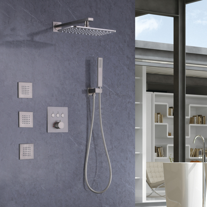 Brushed Nickel Bathroom Furniture Set Thermostatic Rainfall Shower System Handheld Shower Spa